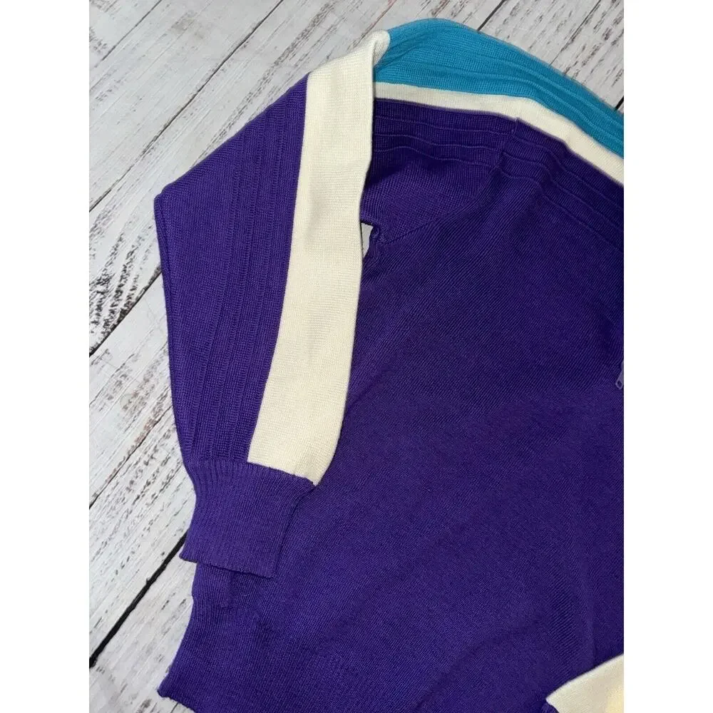 VTG Herman’s Ladies Small Ski Sweater Bold Colorful Purple Blue Multi Wool Blend